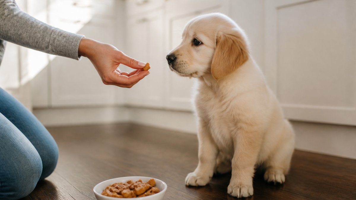 A person offering a small piece of soft training treat to an attentive puppy on a kitchen floor