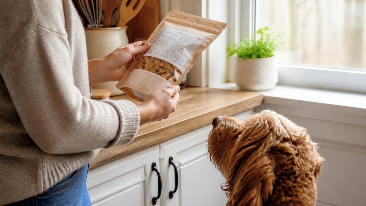 Person reading the ingredient label on a small-batch dog treat bag while a dog sits attentively nearby.