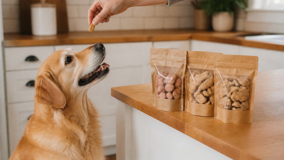 A happy golden retriever sitting in a bright kitchen, looking up at a hand offering a small biscotti treat, with several small bags of natural dog treats arranged on a wooden counter nearby