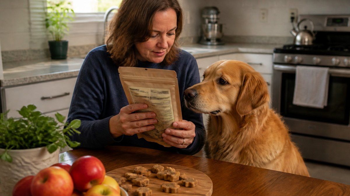 Dog owner reading ingredient labels on a bag of treats while a golden retriever sits nearby in a bright kitchen
