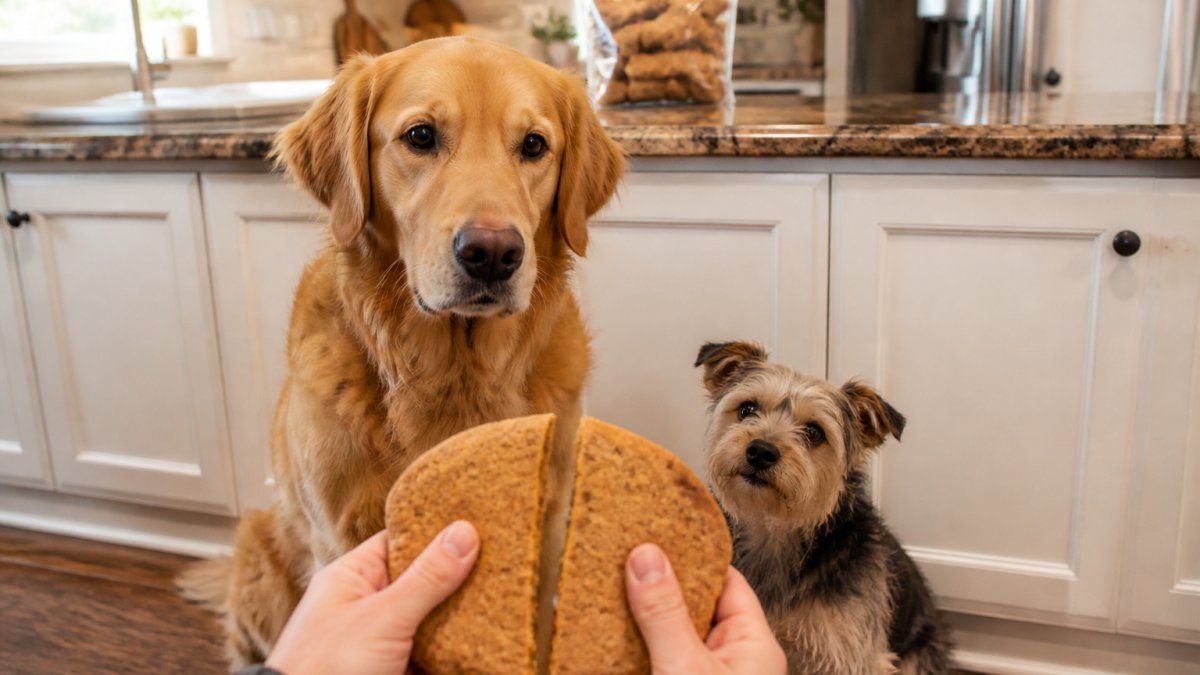 A golden retriever and a senior terrier watching as a large crunchy bakery dog treat is broken in half
