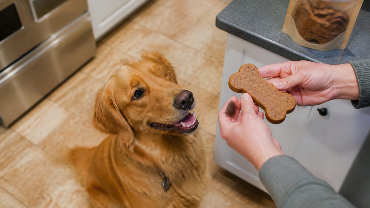 Golden retriever sitting eagerly as a person offers a large crunchy bakery-style dog treat in a kitchen