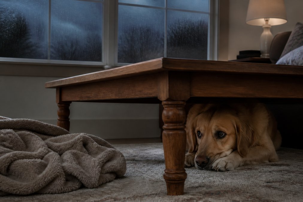 Infographic illustrating the physiological signs of storm anxiety in a golden retriever hiding under a table