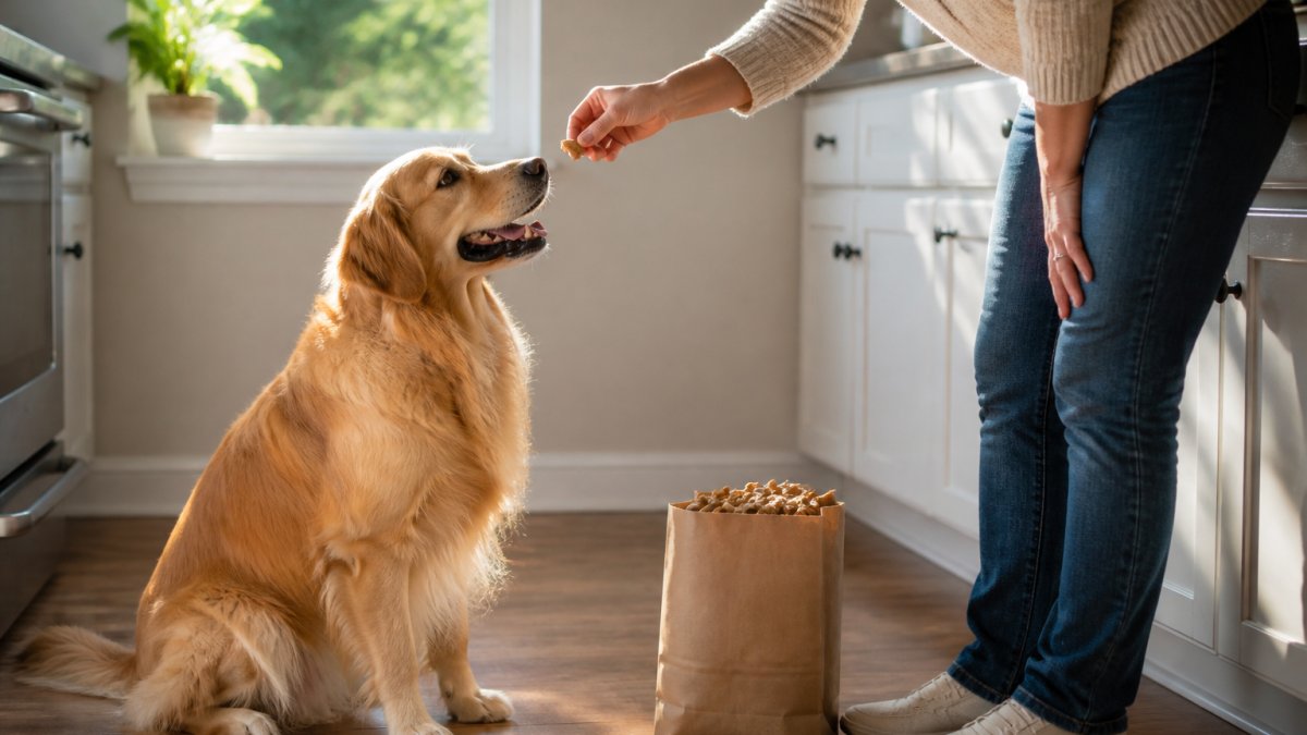A happy golden retriever sitting on a kitchen floor beside a brown paper bag of small-batch dog treats, a woman's hand reaching down to offer one, warm afternoon light through a window