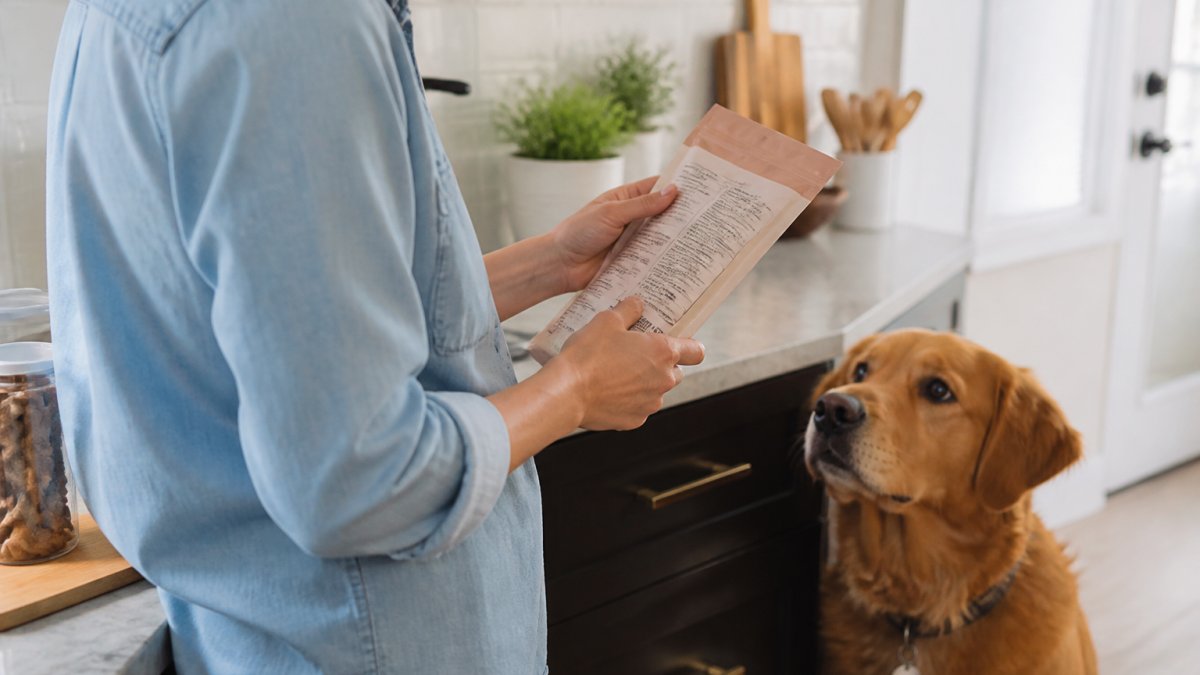 Hands holding a small-batch dog treat bag to read ingredients as a dog watches in a bright kitchen
