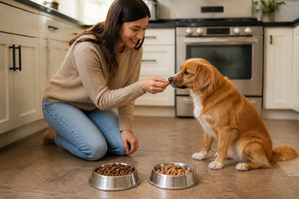 A dog owner kneeling on a kitchen floor offering a small piece of a treat to a medium-sized dog, with two bowls nearby showing old and new treats side by side