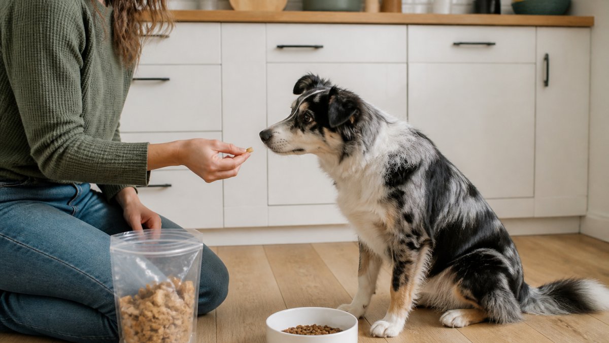 A dog owner kneeling on a kitchen floor offering a small broken piece of a treat to a curious medium-sized dog, with an open resealable treat bag and a bowl of regular food nearby on a bright countertop