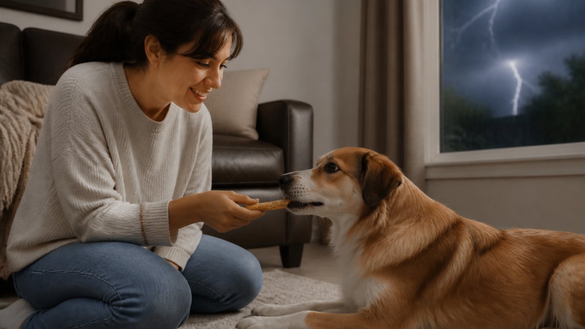 Dog owner feeding a calming treat to a relaxed dog during a thunderstorm
