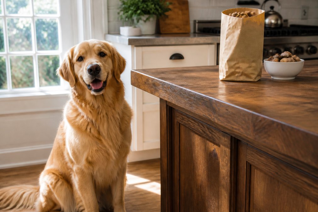 Happy golden retriever sitting on a kitchen floor beside a bag of dog treats in soft morning light