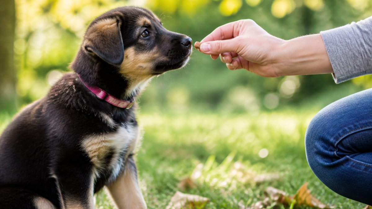 Trainer giving a small soft treat to a curious puppy during an outdoor training session in natural sunlight