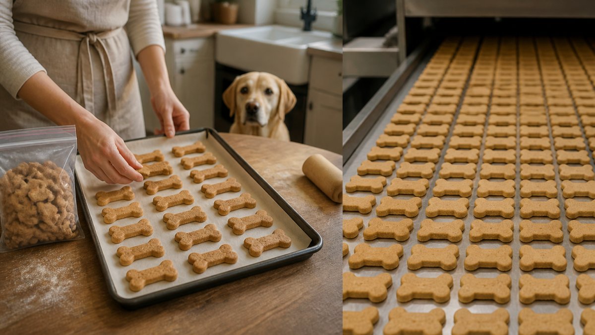 Baker arranging fresh bone-shaped dog biscuits on a tray with a dog waiting in a home kitchen