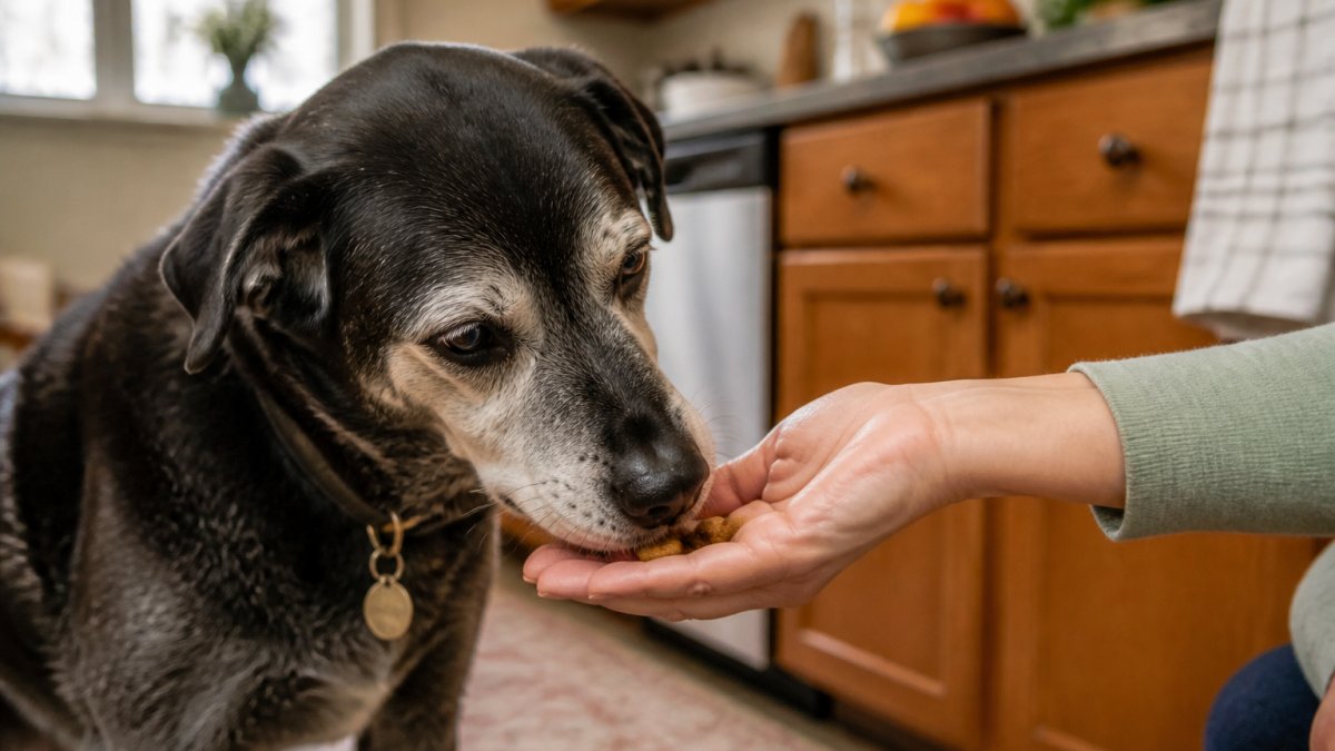 Senior dog with a graying muzzle gently taking a soft treat from a person's open palm in a warm kitchen